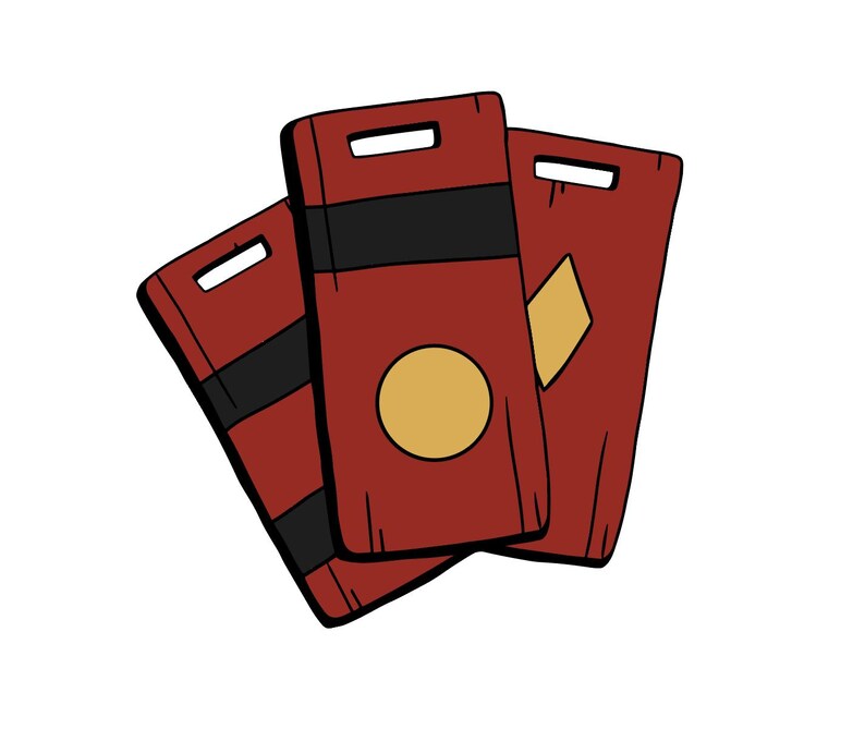 May include: Three red rectangular wooden plaques with black stripes and gold accents. One plaque has a gold circle, another has a gold diamond, and the third has a black stripe. Each plaque has a rectangular hole at the top.