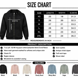 The image is a size chart for a hoodie, providing measurements in inches and displaying a product description.