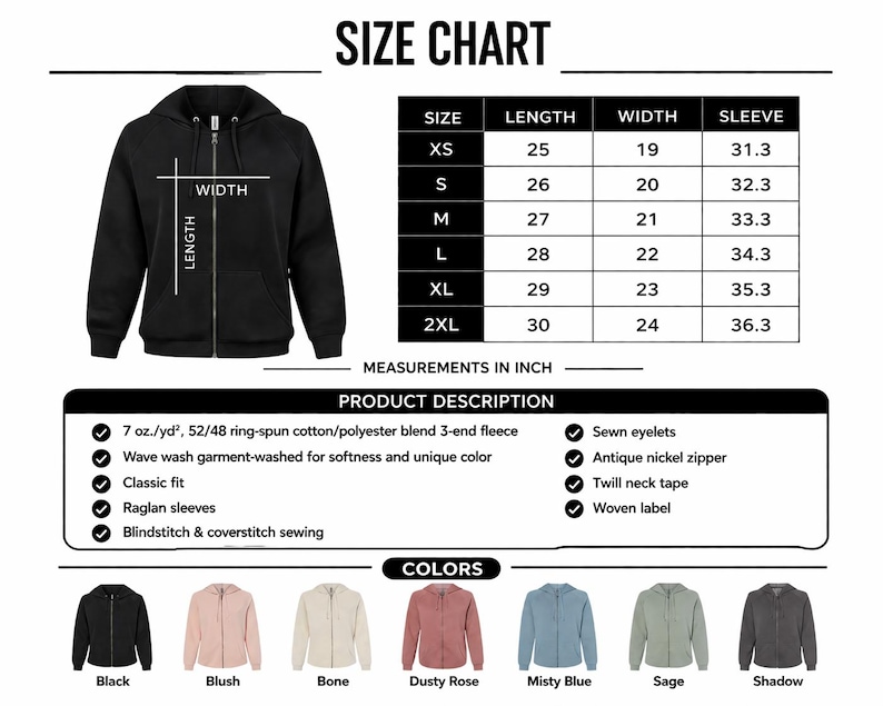 The image is a size chart for a hoodie, providing measurements in inches and displaying a product description.