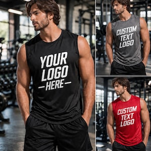 May include: Black sleeveless workout shirt with the text "YOUR LOGO - HERE" in white. The image also shows a gray and a red sleeveless shirt with the text "CUSTOM TEXT LOGO" in white. All shirts are paired with black shorts.