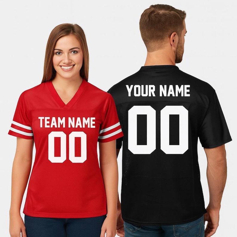 A woman wearing a red jersey with the text "TEAM NAME 00" and a man wearing a black jersey with the text "YOUR NAME 00" printed on them.