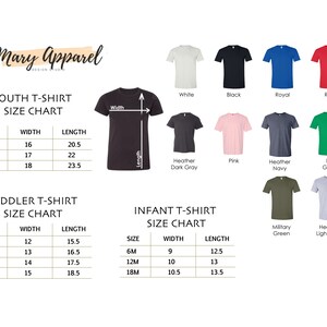 K&ouml;nnte beinhalten: Gr&ouml;&szlig;entabelle f&uuml;r T-Shirts f&uuml;r Kinder, Kleinkinder und Babys mit Ma&szlig;en in Zoll. Die Tabelle zeigt die Breite und L&auml;nge jeder Gr&ouml;&szlig;e. Die Tabelle enth&auml;lt auch einen Farbguide mit verschiedenen T-Shirt-Farben.
