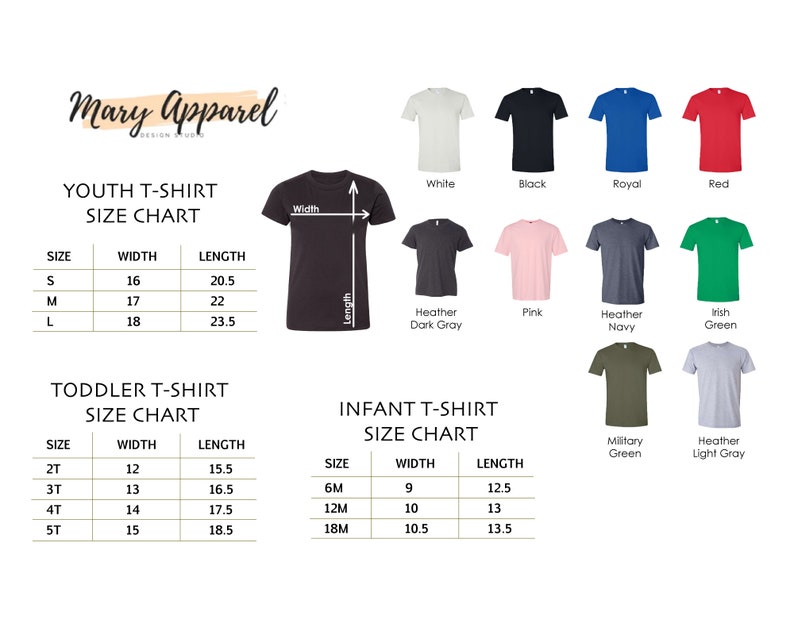 K&ouml;nnte beinhalten: Gr&ouml;&szlig;entabelle f&uuml;r T-Shirts f&uuml;r Kinder, Kleinkinder und Babys mit Ma&szlig;en in Zoll. Die Tabelle zeigt die Breite und L&auml;nge jeder Gr&ouml;&szlig;e. Die Tabelle enth&auml;lt auch einen Farbguide mit verschiedenen T-Shirt-Farben.