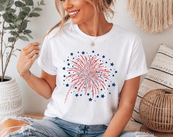 4th of July Fireworks T-Shirt, Patriotic Graphic Tee, Red White Blue USA Shirt, Independence Day Outfit