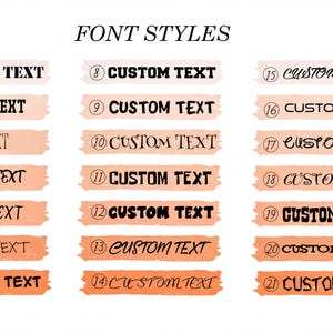 a collection of various font styles, including custom text, with numbers indicating the font type.