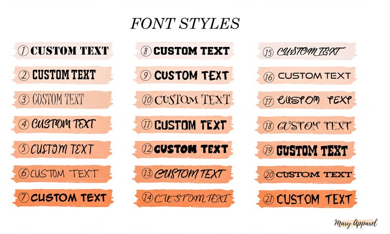 a collection of various font styles, including custom text, with numbers indicating the font type.