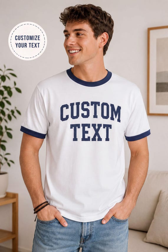 Vintage Ringer Tee Custom Printed Shirt: Retro Two Tone Style, Midweight Cotton (Unisex Fit)