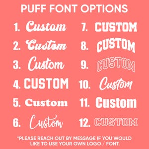 a list of custom font options, including "Custom" in various sizes and styles. The text is written in a bold, white font against a red background.