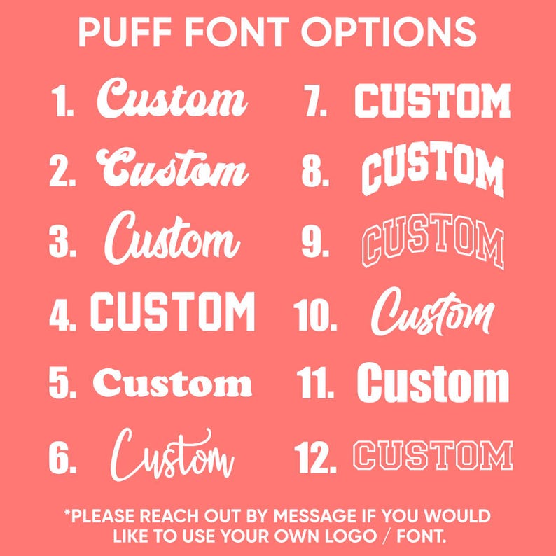 a list of custom font options, including "Custom" in various sizes and styles. The text is written in a bold, white font against a red background.