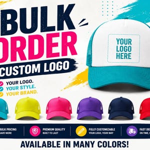May include: A promotional image showcasing customizable trucker hats in various colors, including blue, yellow, pink, purple, navy, and red. The hats feature a white front panel for a custom logo. Text includes "BULK ORDER CUSTOM LOGO" and "AVAILABLE IN MANY COLORS!"