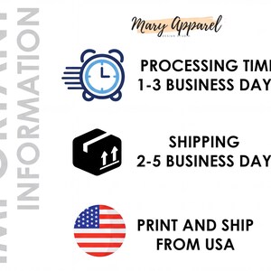 three icons representing important information about shipping and processing time: 1-3 business days, shipping 2-5 business day, and print and ship from USA.