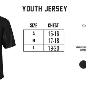 The image is a collage of three main elements: a black youth jersey, a size chart, and a color swatch. The jersey is displayed on the left side, and the size chart and color swatch are shown on the right side.
