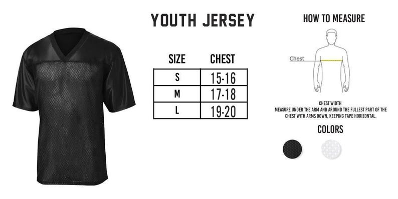 The image is a collage of three main elements: a black youth jersey, a size chart, and a color swatch. The jersey is displayed on the left side, and the size chart and color swatch are shown on the right side.