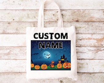 Customized Halloween Tote Bag Pumpkin Skeleton Personalized Halloween Tote Bag Ghost Witch Black Cat Castle Canvas Tote Bag