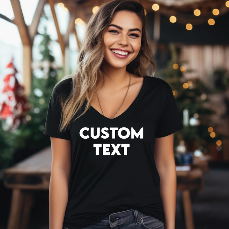 a woman wearing a t - shirt that says custom text