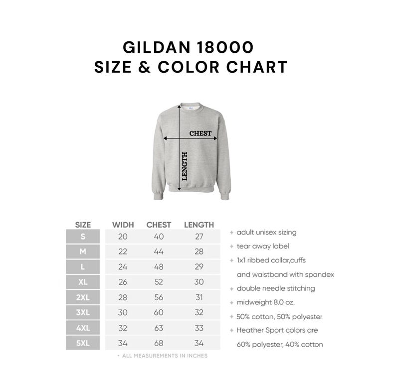 a diagram showing the size and color of a sweatshirt