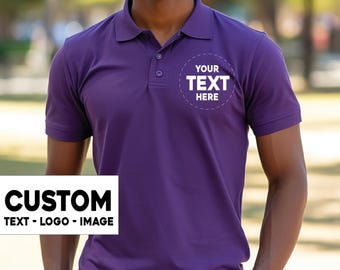 May include: A purple polo shirt with a white circle on the chest that says "YOUR TEXT HERE". The shirt is a blank canvas for custom text, logos, or images.