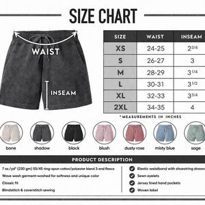 The image is a size chart for a pair of black shorts, showing measurements and corresponding styles in inches.