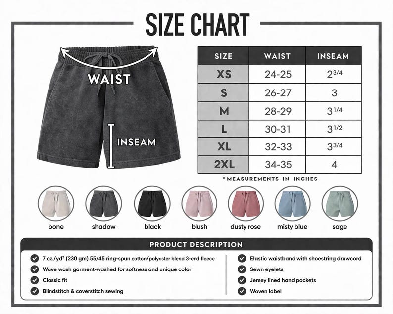 The image is a size chart for a pair of black shorts, showing measurements and corresponding styles in inches.