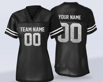 Camiseta de fútbol personalizada con purpurina – Camiseta personalizada con nombre y número para el día del partido – Camiseta brillante para aficionadas al deporte – Regalo de cumpleaños o Navidad para ella