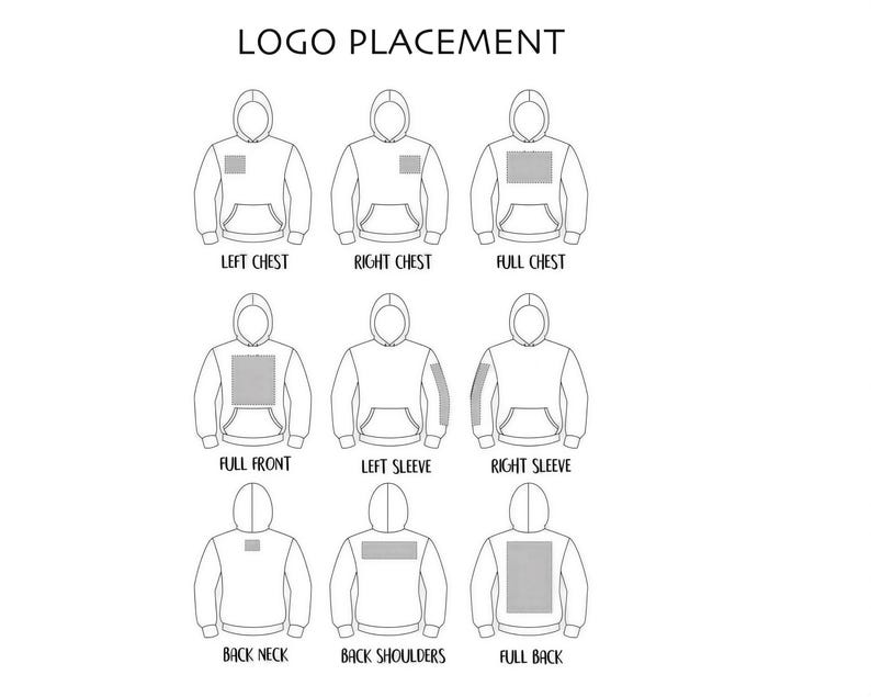 a collection of nine different hooded sweatshirt designs, each with a unique logo placement on the chest area.