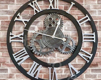 60cm Extra Large Roman Numerals Skeleton Wall Clock Big Giant Open Face Round Handmade or 40cm Silver Clock or Golden Clock