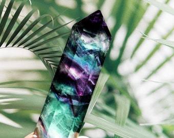 Natural Rainbow Fluorite Quartz Crystal Wand Point Healing Stone Hexagonal