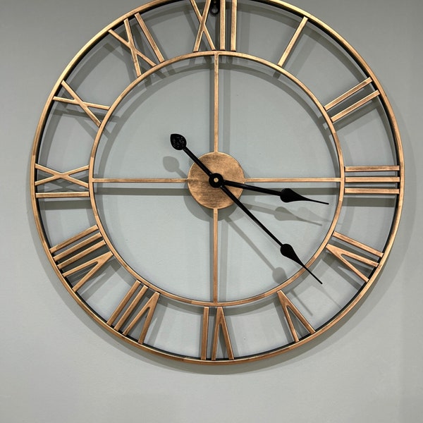 Bronze 60/40cm Large Skeleton Metal Roman Wall Clock Big Numerals Giant Open Round Face Handmade