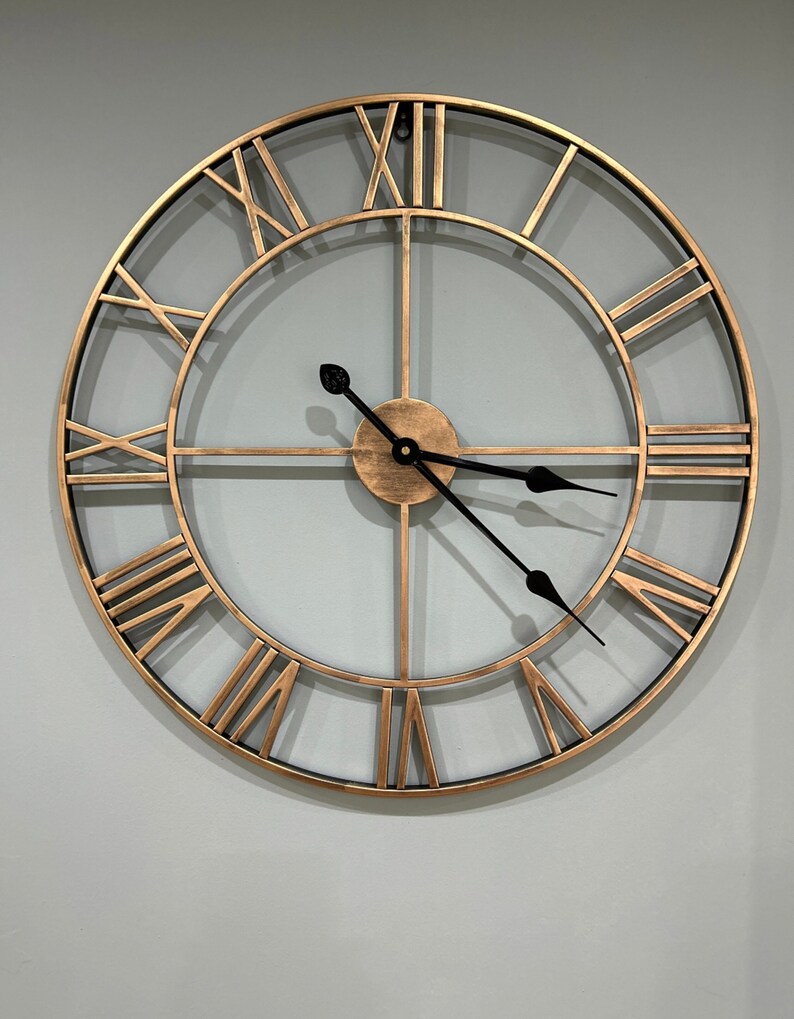 Bronze 60/40cm Large Skeleton Metal Roman Wall Clock Big Numerals Giant Open Round Face Handmade image 1