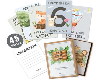 45 Baby Meilensteinkarten Pikaflor für Junge und Mädchen (handgemalte Tiere, Deutsch) Baby Meilenstein Karten Babygeschenk Geburt Babyparty