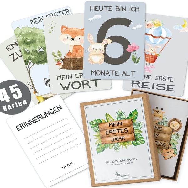 45 Baby Meilensteinkarten Pikaflor für Junge und Mädchen (handgemalte Tiere, Deutsch) Baby Meilenstein Karten Babygeschenk Geburt Babyparty