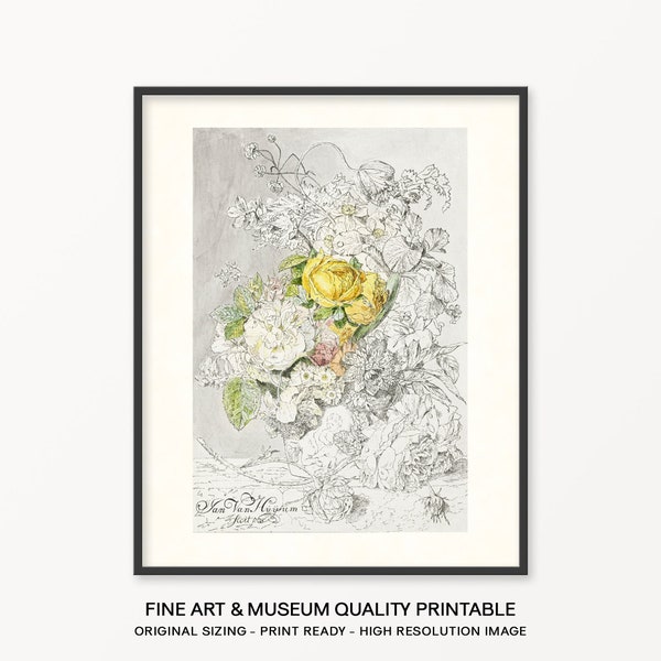 PRINTABLE FINE ART | Flower Arrangement by Cornelis Ploos van Amstel (1778) | Light Academia, Cottage, Botanical, Etching, Grandmillenial