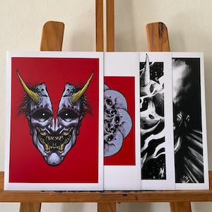 Confezione da 4 stampe artistiche horror – Illustrazioni a inchiostro scuro da abbinare e mixare | Arte murale gotica, macabra e occulta (formati A4 e A5)