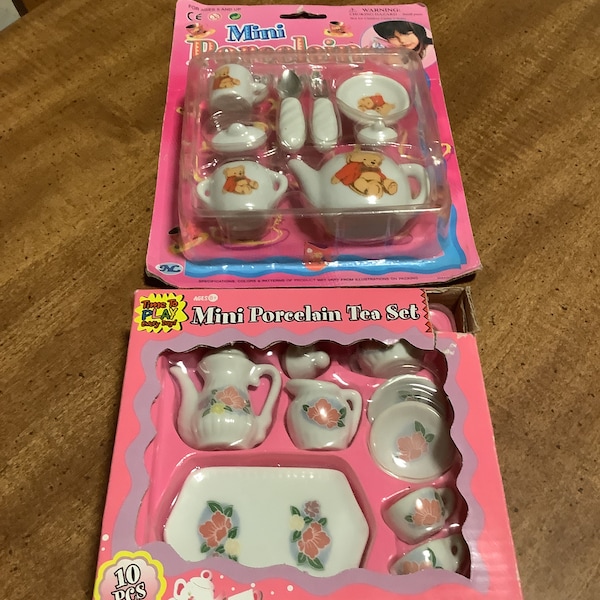 Mini Porcelain Tea Set set of 2 ages 5 and up and 8 and up still in package 10 pieces and 8 pieces Vintage