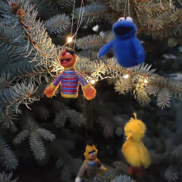 Felted Sesame Street Christmas ornaments, big bird, bert and ernie, cookie monster, elmo, christmas gift, holiday decoration