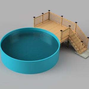 May include: A 3D rendering of a teal-colored, round pool next to a wooden deck with stairs. The deck has a light brown color and a railing. The background is a solid gray.