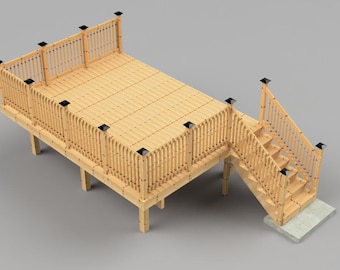 May include: A wooden deck with a railing and stairs. The deck is made of light brown wood and has a natural finish. The railing is made of dark brown wood and has black metal posts. The stairs are made of light brown wood and have a natural finish.