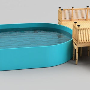 May include: A turquoise oval-shaped above-ground pool with water, next to a wooden deck with stairs. The deck has a railing and is made of light-colored wood. Black decorative posts are on the deck.