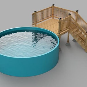 Plans pour terrasse de piscine hors terre (8x8) Piscine ronde de 15'. Marches d'entrée à gauche.
