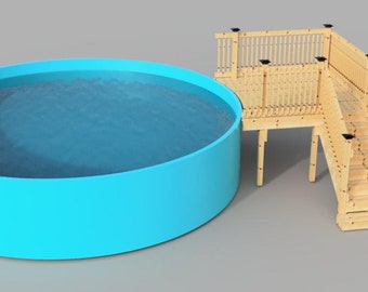 Può includere: Una piscina fuori terra blu con un ponte in legno e gradini che conducono alla piscina.