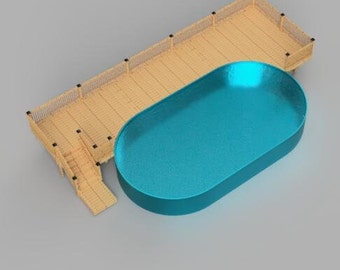 May include: A wooden deck with a built-in ladder and a blue oval pool. The deck is made of light brown wood with a dark brown railing.