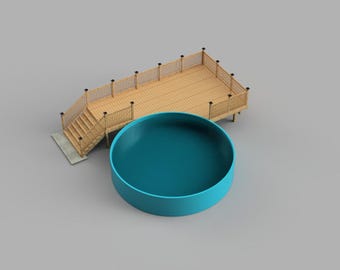 May include: A wooden deck with a railing and stairs leading down to a blue round pool.