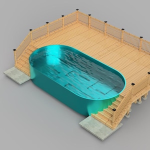 May include: An overhead view of a small, teal-colored oval pool surrounded by a wooden deck with stairs and a railing. The pool is filled with water, and the deck is made of light brown wood.