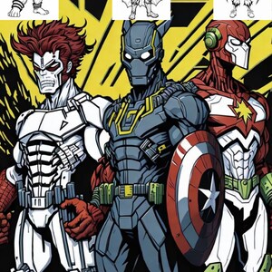 Puede incluir: Ilustración digital de un grupo de superhéroes en poses de acción. Las figuras centrales incluyen un héroe con un escudo, uno con un traje rojo y blanco y otro con un traje gris. El fondo es amarillo y negro.