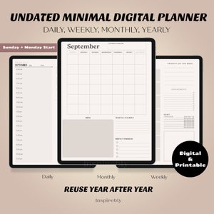 Planificador mensual digital sin fecha, Planificador semanal, Planificador diario, Planificador de notabilidad, Planificador digital, Planificador minimalista, Planificador GoodNotes
