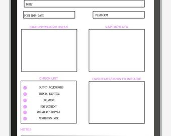May include: A digital content planner template on a tablet screen. The template includes sections for topic, post time/date, platform, brainstorming ideas, caption/CTA, checklist, hashtags/links to include, and notes.