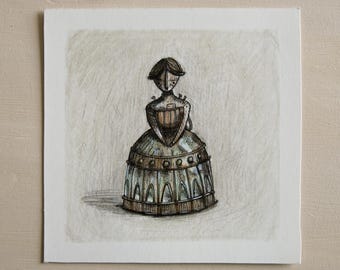 Oryginalny rysunek ołówkiem i tuszem w miniaturze: Szklana Dama