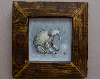 Mini Original Colored Pencil and Ink Drawing, Odd Wooden Toy Creature