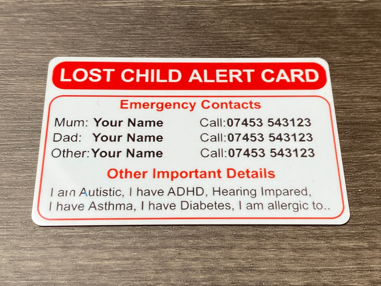 Lost Missing Child Plastic ID Card Personalised Emergency Etsy UK