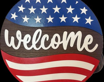 Letrero patriótico de bienvenida para puerta: estilo rústico americano con estrellas y rayas